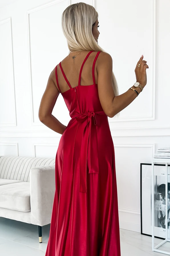 498-4 Long satin dress with a neckline and double straps - red