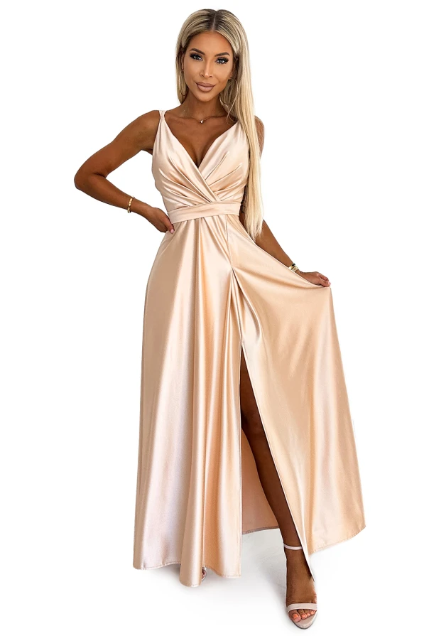 498-5 Long satin dress with a neckline and double straps - golden