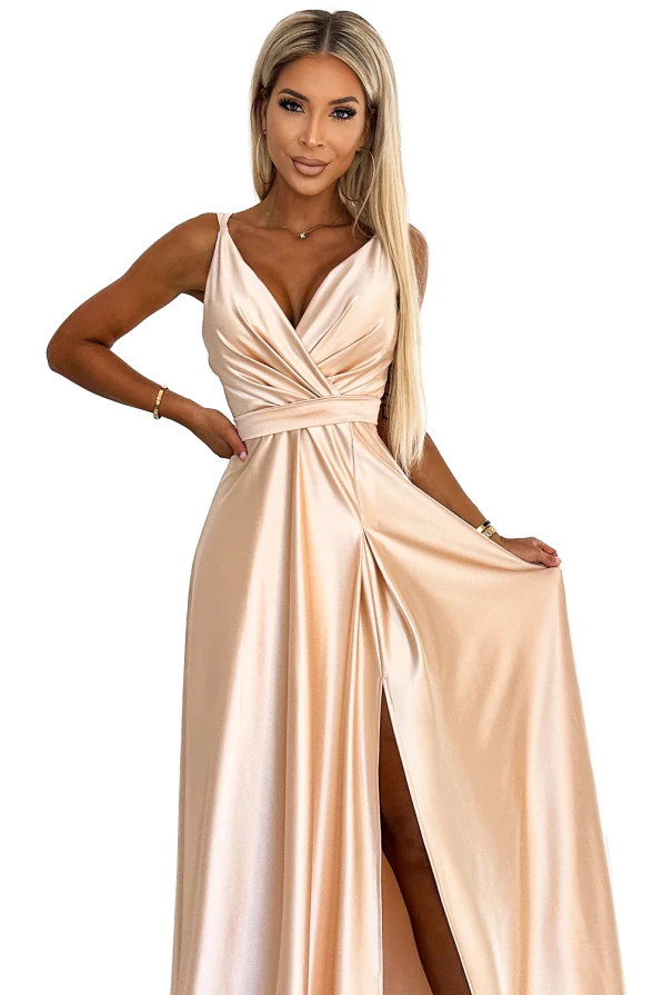 498-5 Long satin dress with a neckline and double straps - golden