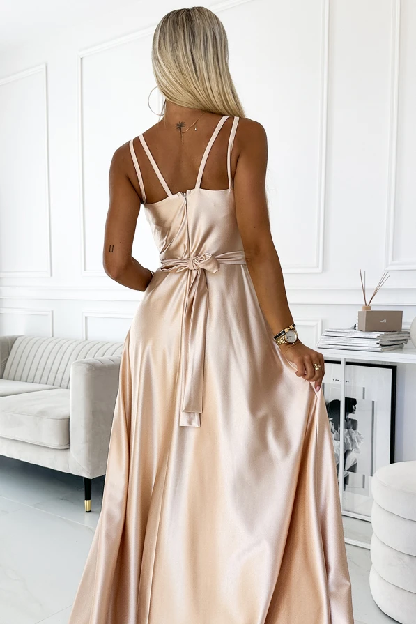 498-5 Long satin dress with a neckline and double straps - golden