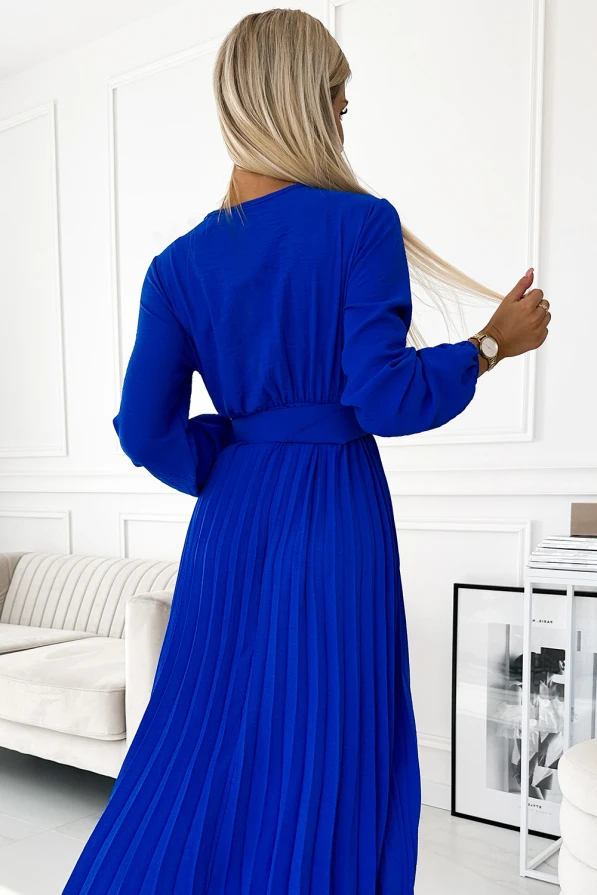 504-1 VIVIANA Pleated midi dress with a neckline, long sleeves and a wide belt - blue