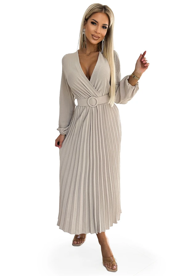 504-2 VIVIANA Pleated midi dress with a neckline, long sleeves and a wide belt - beige colour