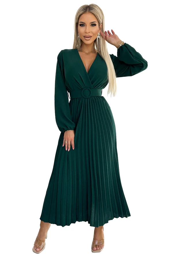 504-3 VIVIANA Pleated midi dress with a neckline, long sleeves and a wide belt - green