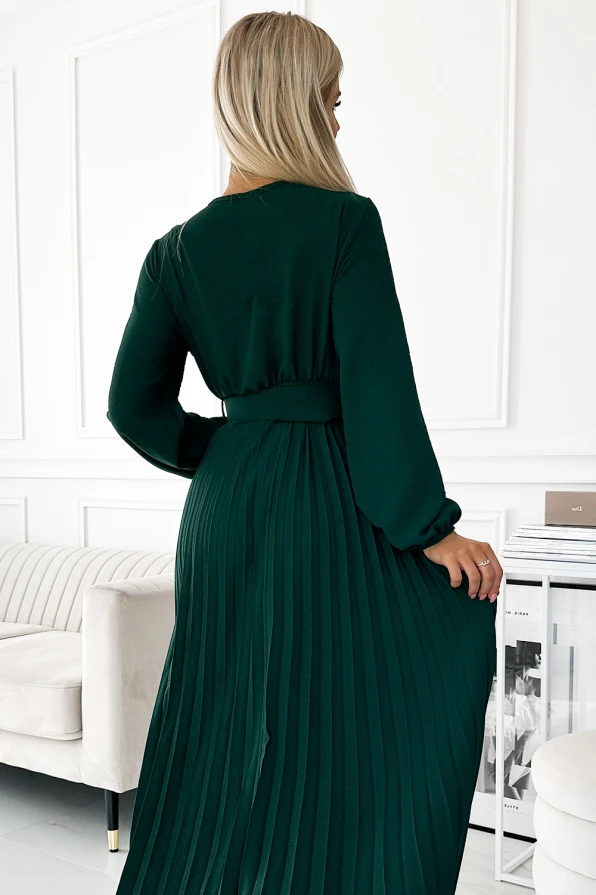 504-3 VIVIANA Pleated midi dress with a neckline, long sleeves and a wide belt - green