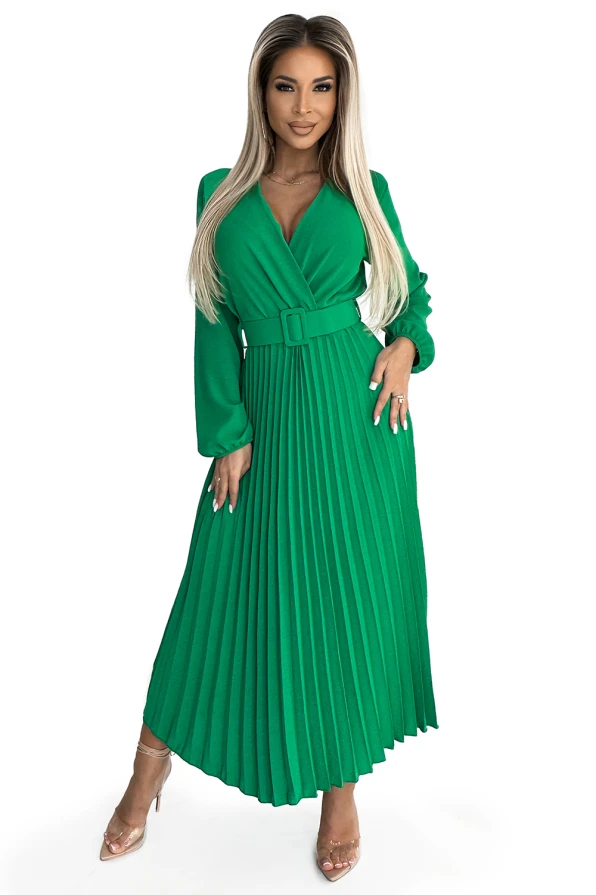 504-4 VIVIANA Pleated midi dress with a neckline, long sleeves and a wide belt - light green