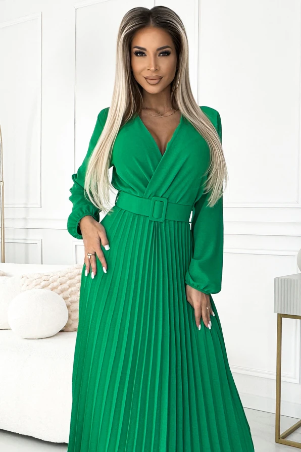 504-4 VIVIANA Pleated midi dress with a neckline, long sleeves and a wide belt - light green