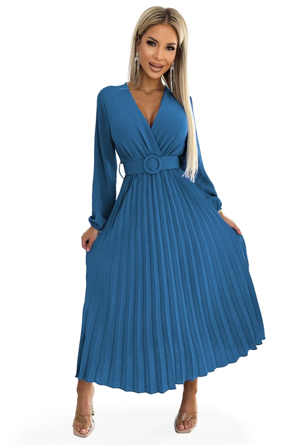 504-5 VIVIANA Pleated midi dress with a neckline, long sleeves and a wide belt - JEANS