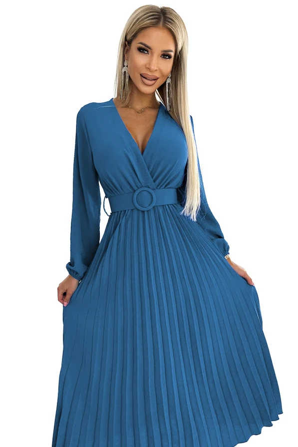 504-5 VIVIANA Pleated midi dress with a neckline, long sleeves and a wide belt - JEANS