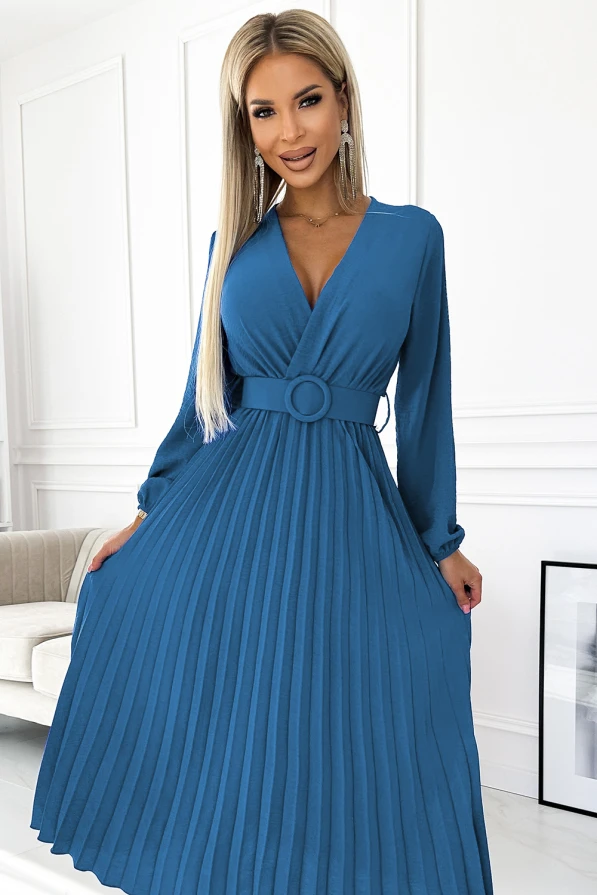 504-5 VIVIANA Pleated midi dress with a neckline, long sleeves and a wide belt - JEANS