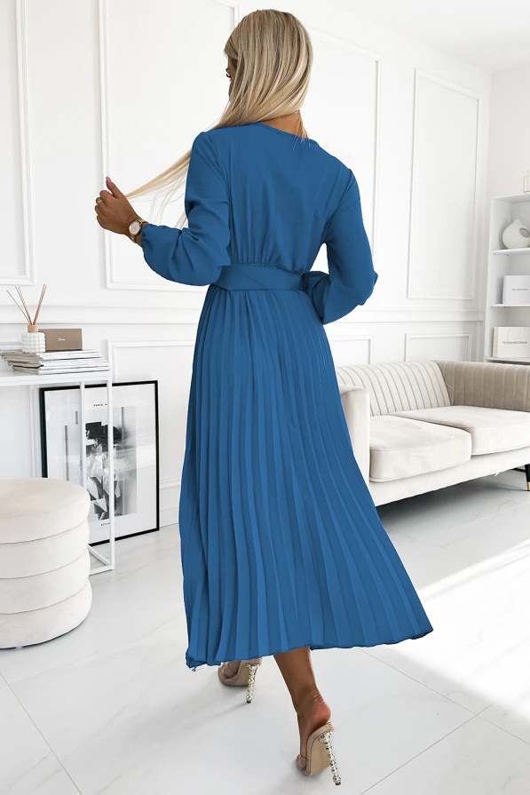 504-5 VIVIANA Pleated midi dress with a neckline, long sleeves and a wide belt - JEANS