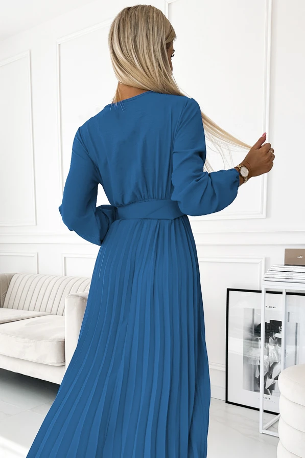 504-5 VIVIANA Pleated midi dress with a neckline, long sleeves and a wide belt - JEANS