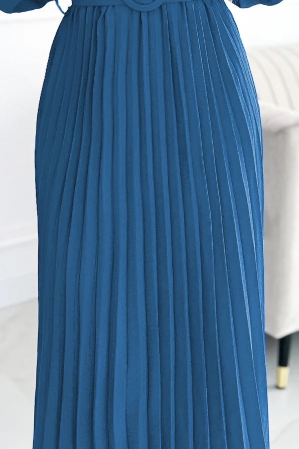 504-5 VIVIANA Pleated midi dress with a neckline, long sleeves and a wide belt - JEANS