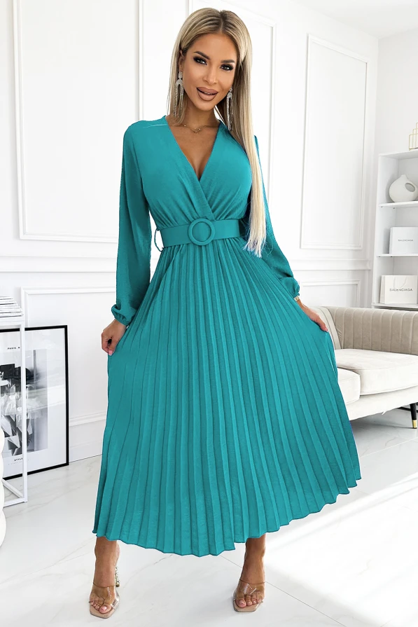 504-6 VIVIANA Pleated midi dress with a neckline, long sleeves and a wide belt - sea ​​color