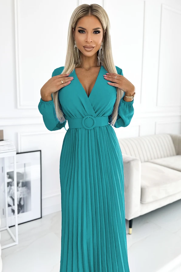 504-6 VIVIANA Pleated midi dress with a neckline, long sleeves and a wide belt - sea ​​color