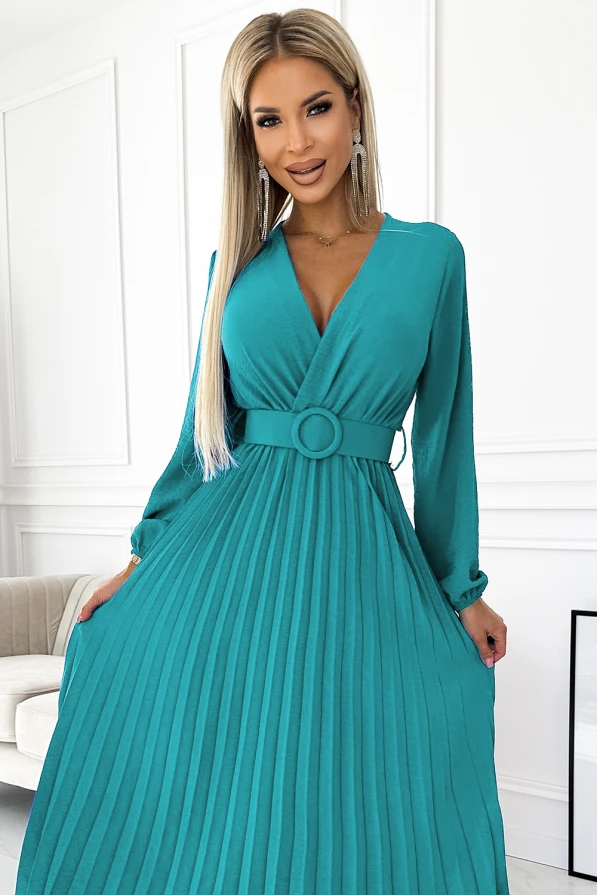 504-6 VIVIANA Pleated midi dress with a neckline, long sleeves and a wide belt - sea ​​color