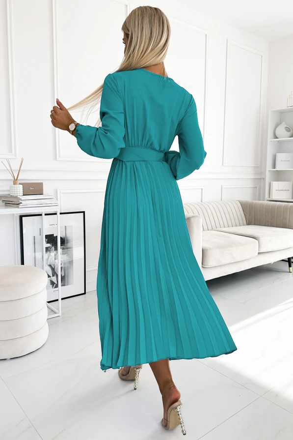 504-6 VIVIANA Pleated midi dress with a neckline, long sleeves and a wide belt - sea ​​color