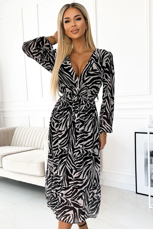 505-2 WILD Longer chiffon dress with a neckline, ruffles and a belt - pattern: zebra