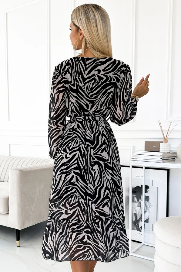 505-2 WILD Longer chiffon dress with a neckline, ruffles and a belt - pattern: zebra