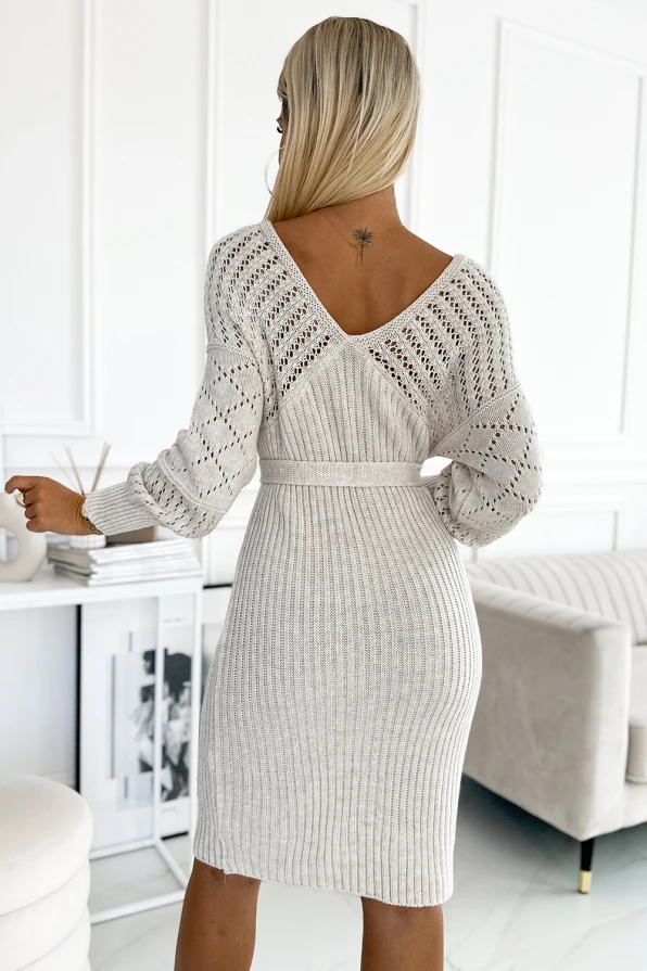 507-1 Openwork sweater dress with a neckline and ties - beige