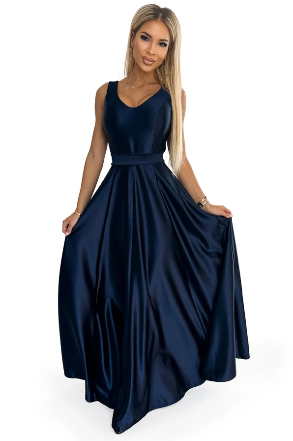 508-1 CINDY long satin dress with a neckline and bow - navy blue