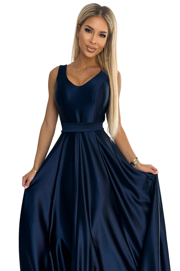 508-1 CINDY long satin dress with a neckline and bow - navy blue