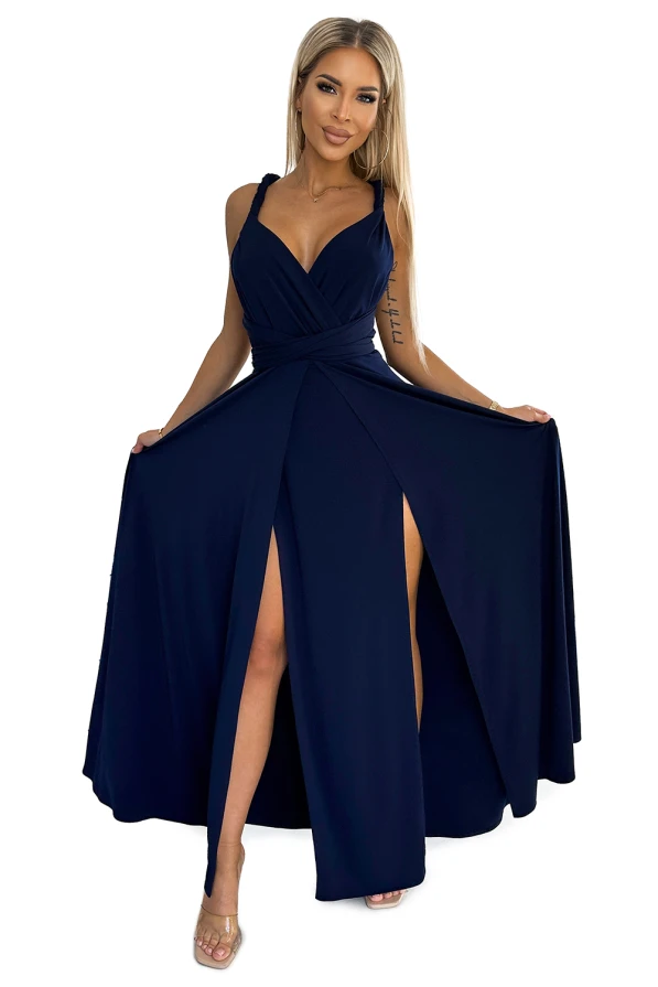 509-1 Elegant long dress tied in many ways - navy blue