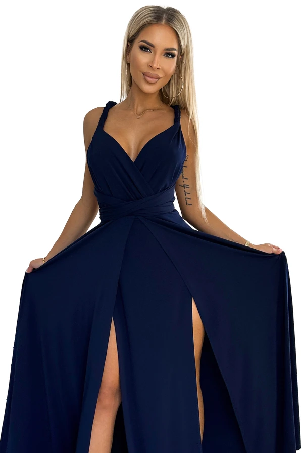 509-1 Elegant long dress tied in many ways - navy blue