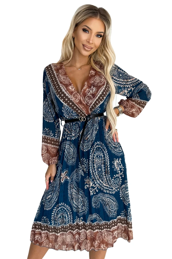 510-1 Pleated midi dress with a neckline, long sleeves and a black belt - blue and brown pattern