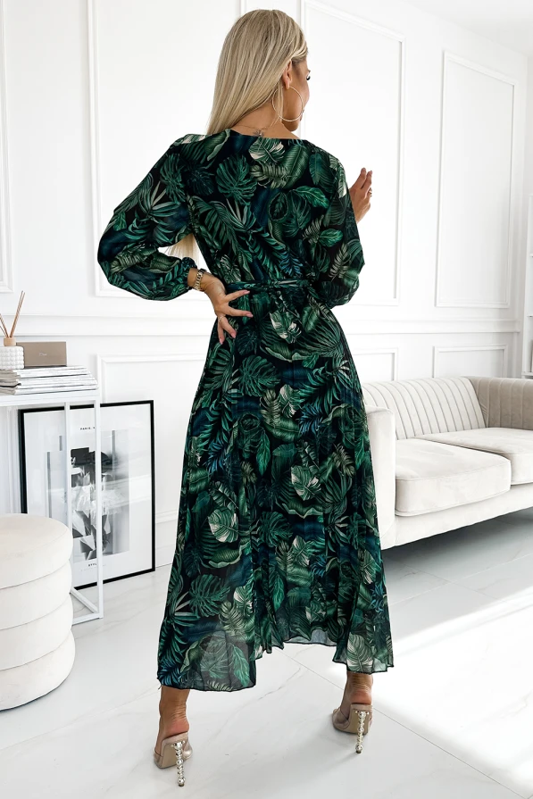 511-1 Pleated chiffon long dress with a neckline, long sleeves and a belt - green leaves