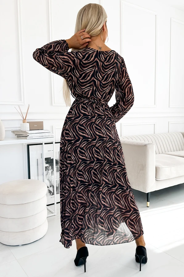 511-2 Pleated chiffon long dress with a neckline, long sleeves and a belt - brown zebra