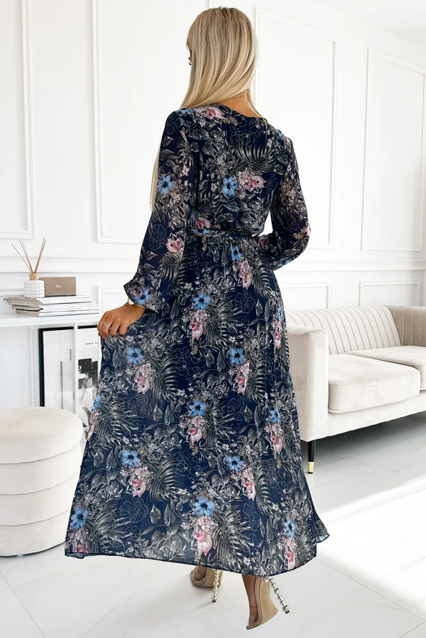 511-3 Pleated chiffon long dress with a neckline, long sleeves and a belt - navy blue pattern