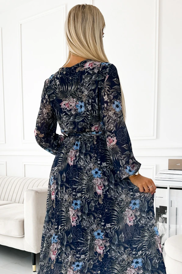 511-3 Pleated chiffon long dress with a neckline, long sleeves and a belt - navy blue pattern