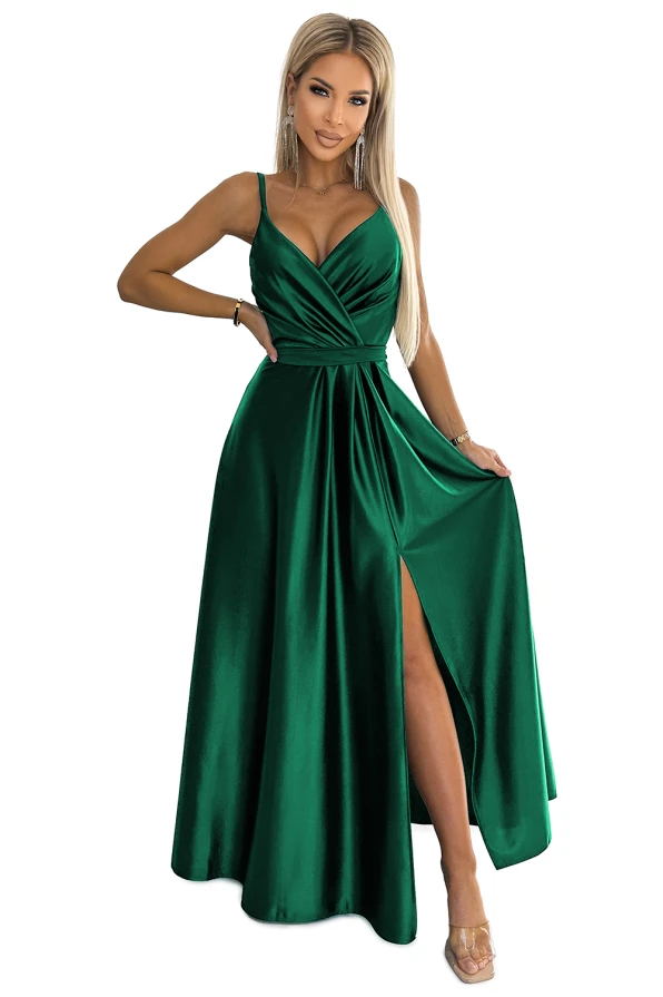 512-1 JULIET elegant long satin dress with a neckline - green