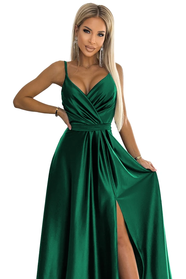 512-1 JULIET elegant long satin dress with a neckline - green