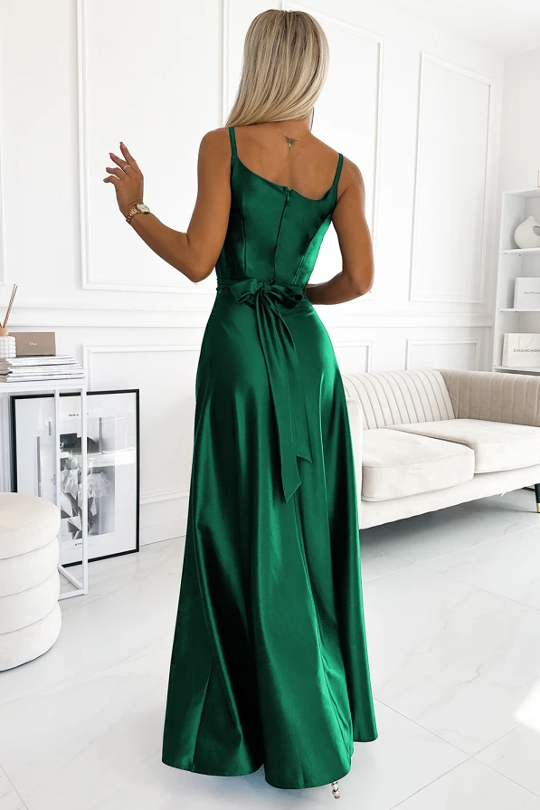 512-1 JULIET elegant long satin dress with a neckline - green