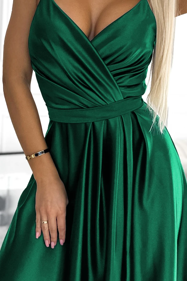 512-1 JULIET elegant long satin dress with a neckline - green