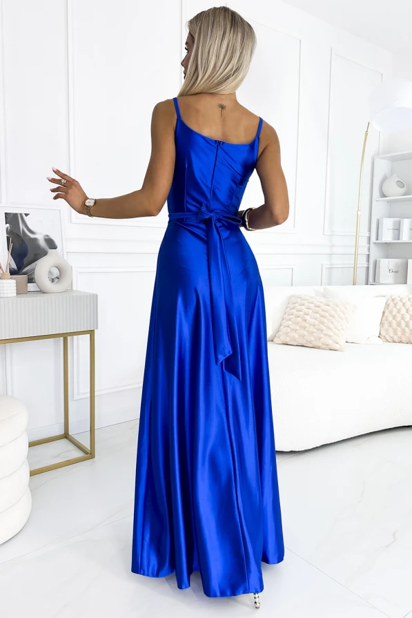 512-4 JULIET elegant long satin dress with a neckline and leg slit - royal blue