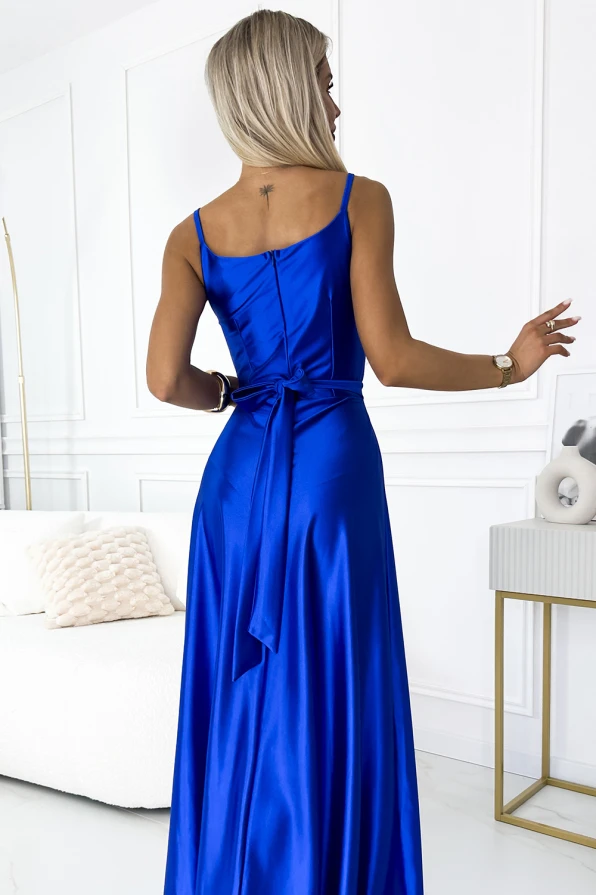 512-4 JULIET elegant long satin dress with a neckline and leg slit - royal blue