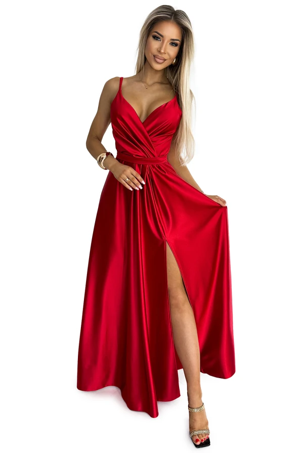 512-5 JULIET elegant long satin dress with a neckline and leg slit - red