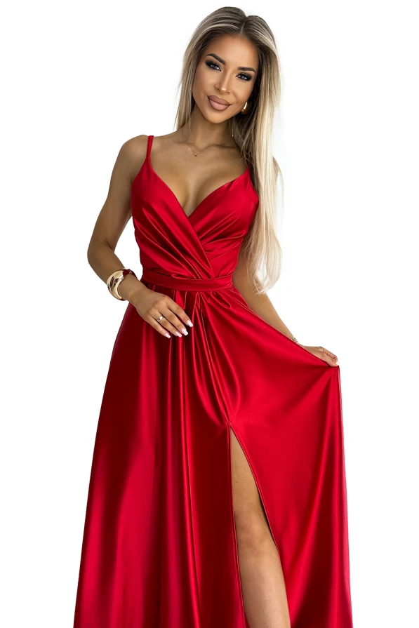 512-5 JULIET elegant long satin dress with a neckline and leg slit - red