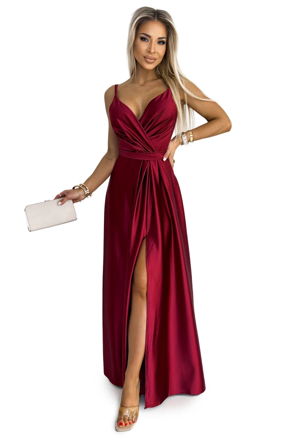 512-6 JULIET elegant long satin dress with a neckline and leg slit - Burgundy color