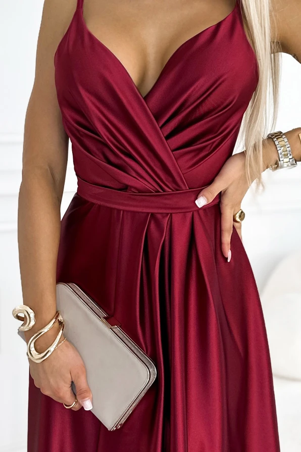 512-6 JULIET elegant long satin dress with a neckline and leg slit - Burgundy color