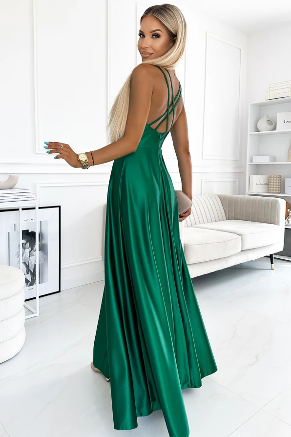513-1 LUNA elegant long satin dress with a neckline and crossed straps - green