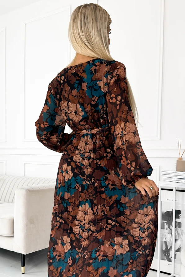 519-2 Pleated chiffon long dress with a neckline, long sleeves and a belt - brown-blue flowers