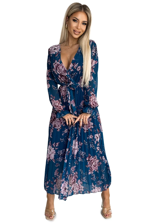 519-3 Pleated chiffon long dress with a neckline, long sleeves and a belt - Blue with flowers