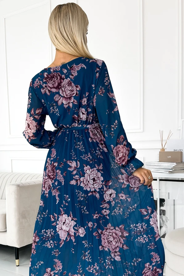 519-3 Pleated chiffon long dress with a neckline, long sleeves and a belt - Blue with flowers