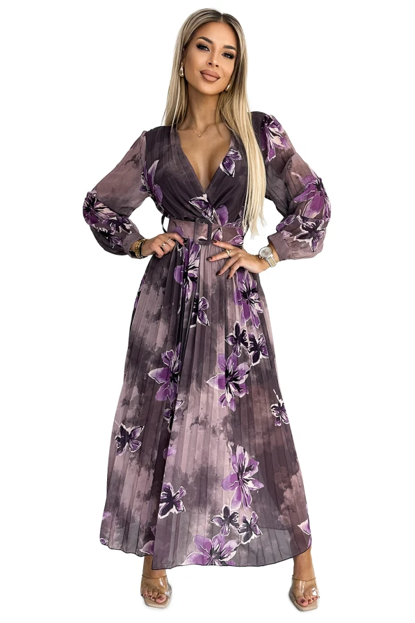 520-1 Pleated chiffon long dress with a neckline, long sleeves and a wide belt - purple large flowers