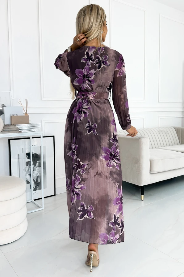 520-1 Pleated chiffon long dress with a neckline, long sleeves and a wide belt - purple large flowers