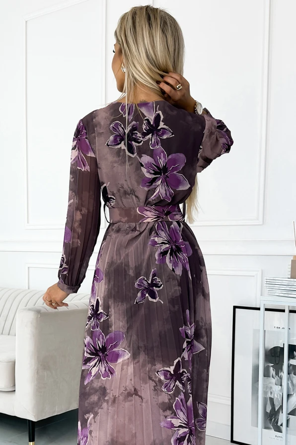 520-1 Pleated chiffon long dress with a neckline, long sleeves and a wide belt - purple large flowers