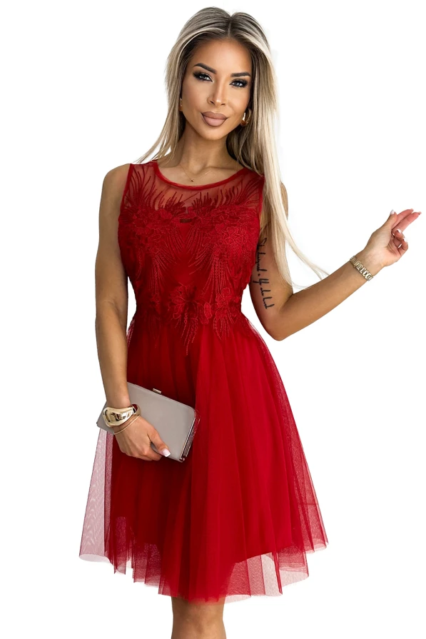 522-3 CATERINA Feminine dress with guipure and delicate tulle - red